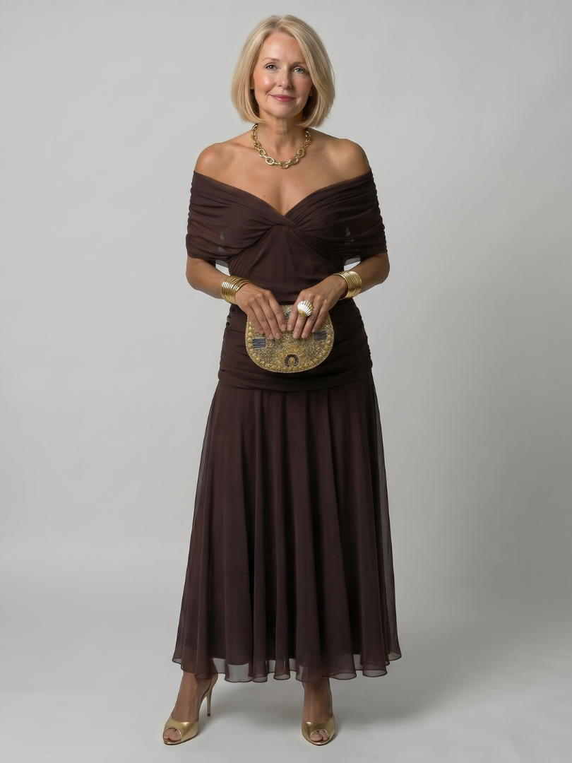 Lucienne | Robe Midi Décontractée à Épaules Dénudées