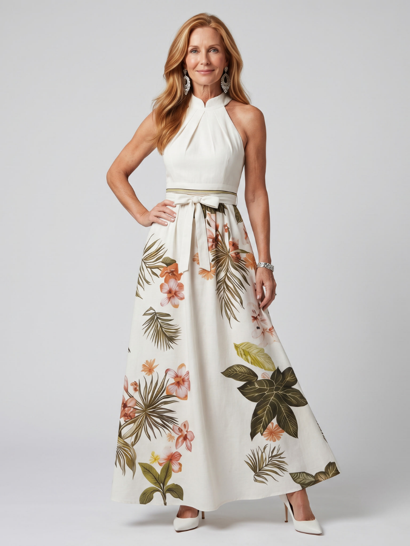 Monique | Robe Maxi en Panel Botanique à Encolure Halter Drapée