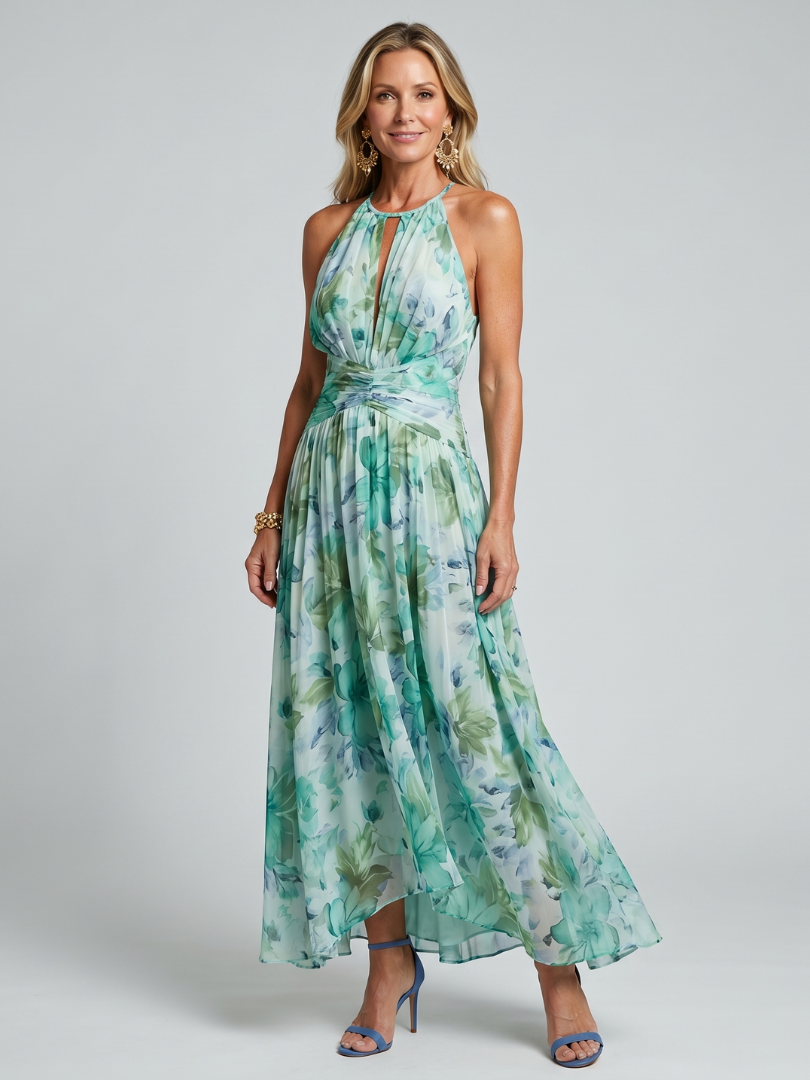 Yvette | Robe Midi à Bretelles Plissées avec Motif Floral Doux