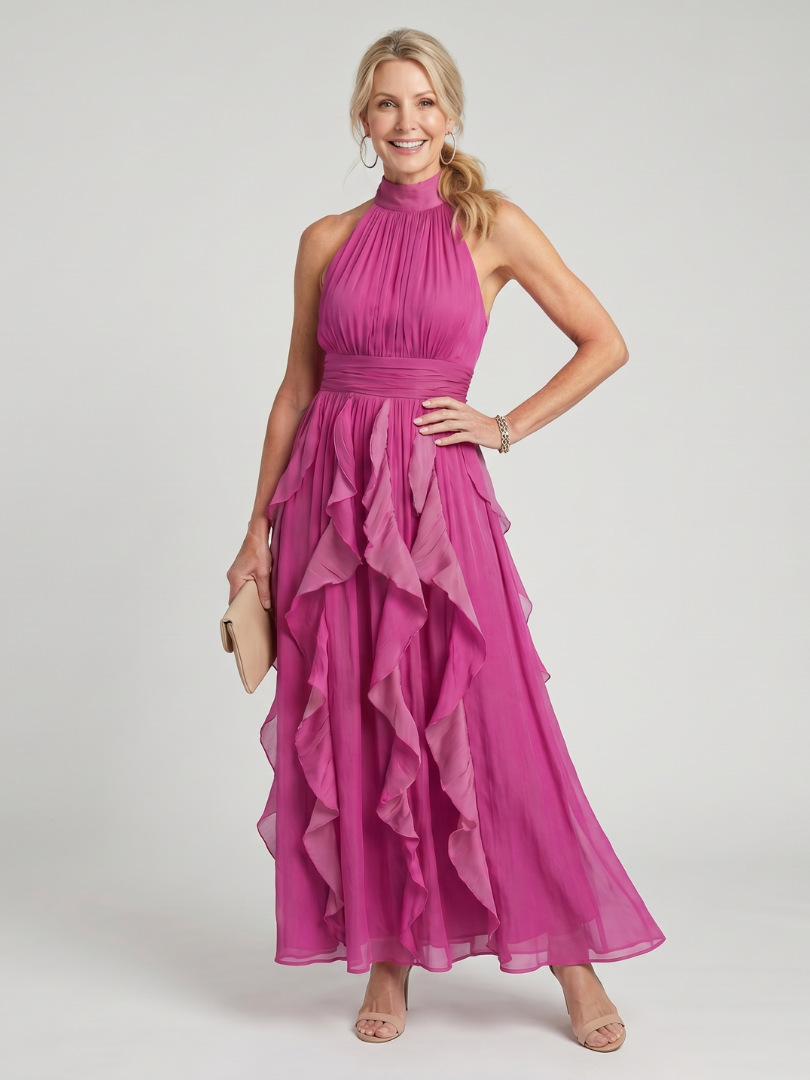 Anne | Robe Maxi à Encolure Haute avec Volants Superposés