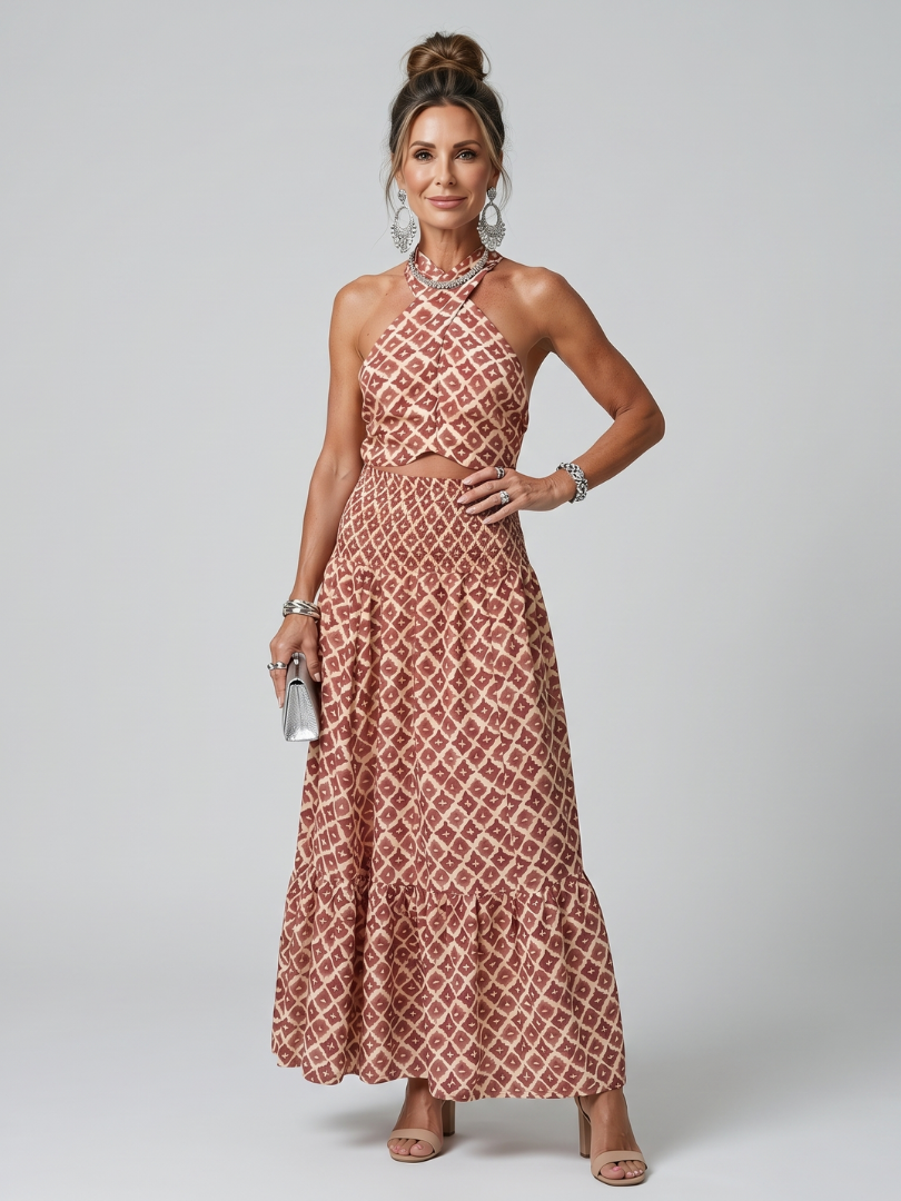 Véronique | Robe midi à imprimé géométrique et col croisé