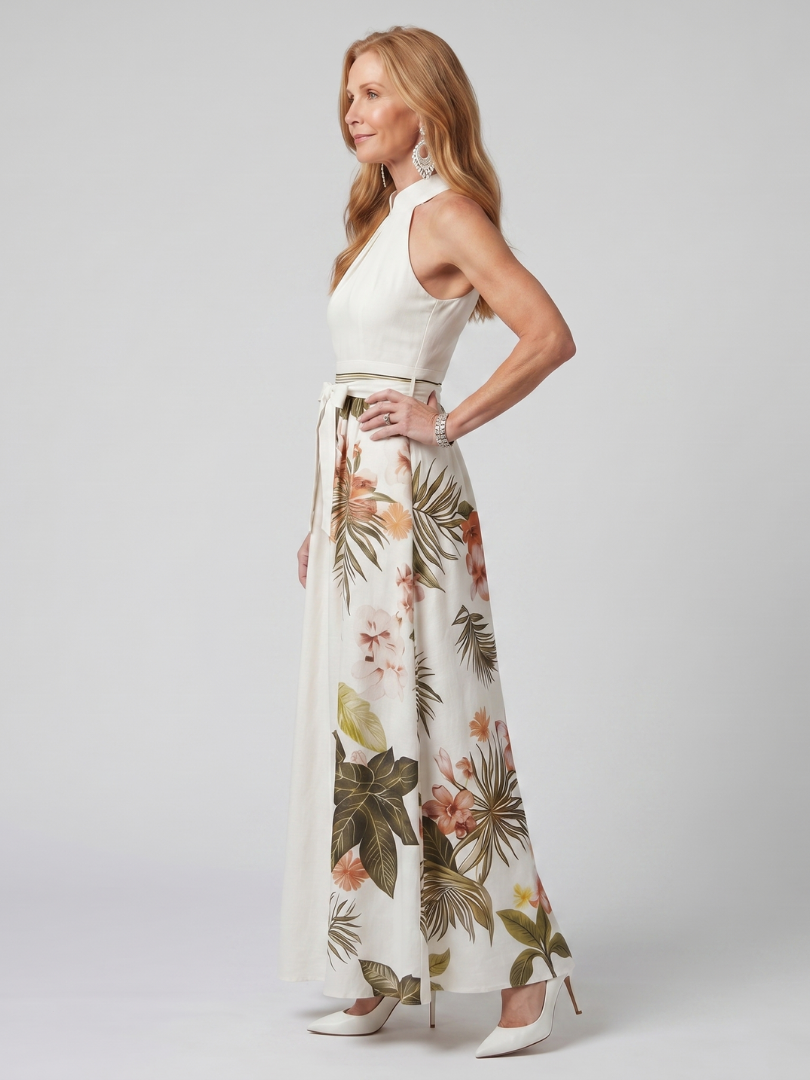 Monique | Robe Maxi en Panel Botanique à Encolure Halter Drapée