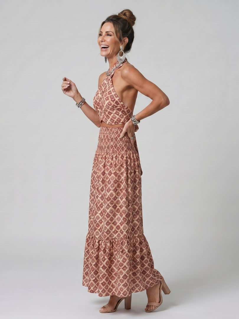 Véronique | Robe midi à imprimé géométrique et col croisé