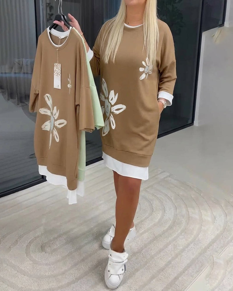 Robe Sweatshirt Col Rond Imprimé Patchwork