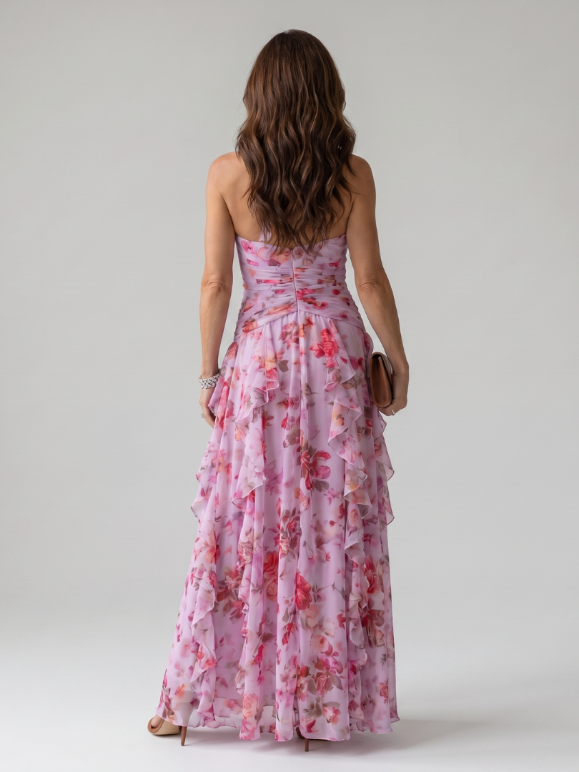 Claudine | Robe Maxi à Encolure Halter et Corps Froncé Floral