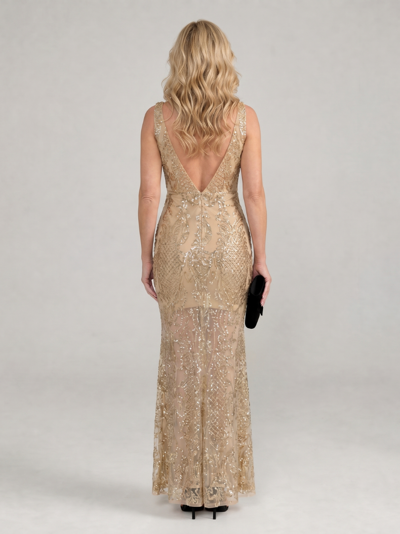 Sophie | Robe midi sans manches avec panneaux transparents en sequins