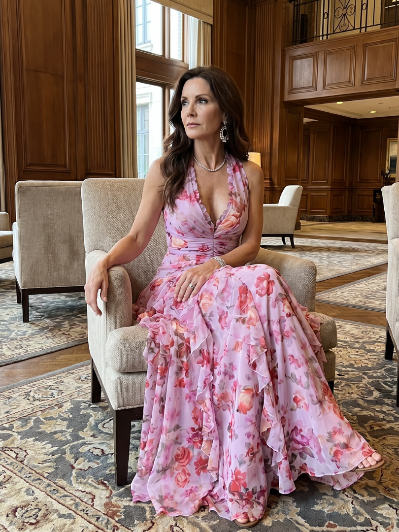 Claudine | Robe Maxi à Encolure Halter et Corps Froncé Floral