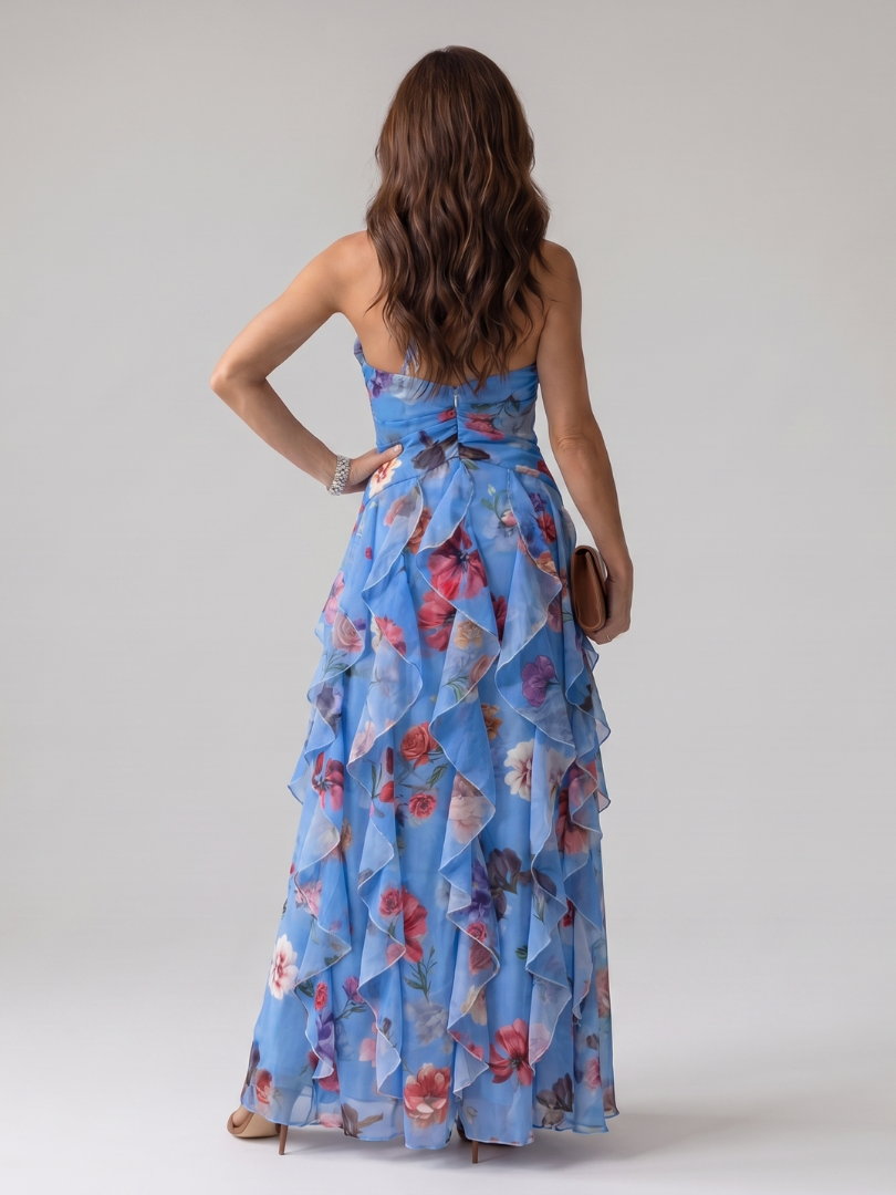 Claudine | Robe Maxi à Encolure Halter et Corps Froncé Floral