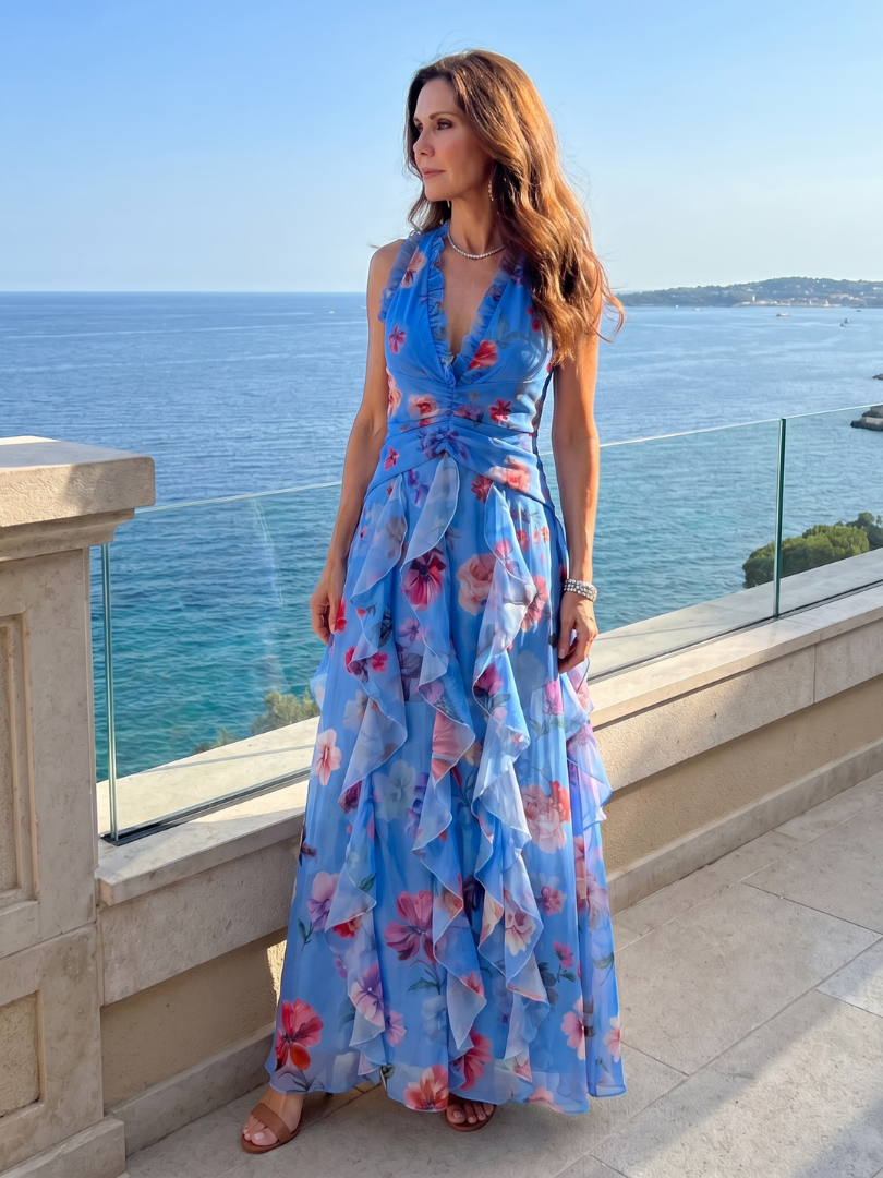 Claudine | Robe Maxi à Encolure Halter et Corps Froncé Floral