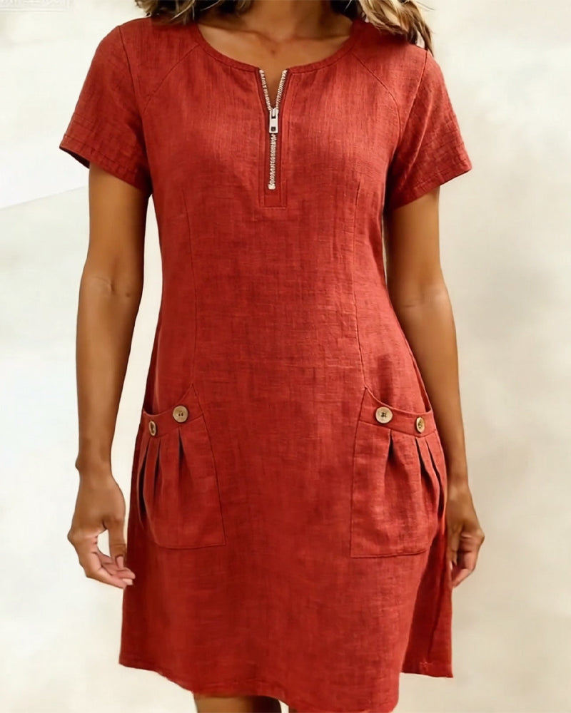 Robe Fermeture Éclair Poche Coton Lin