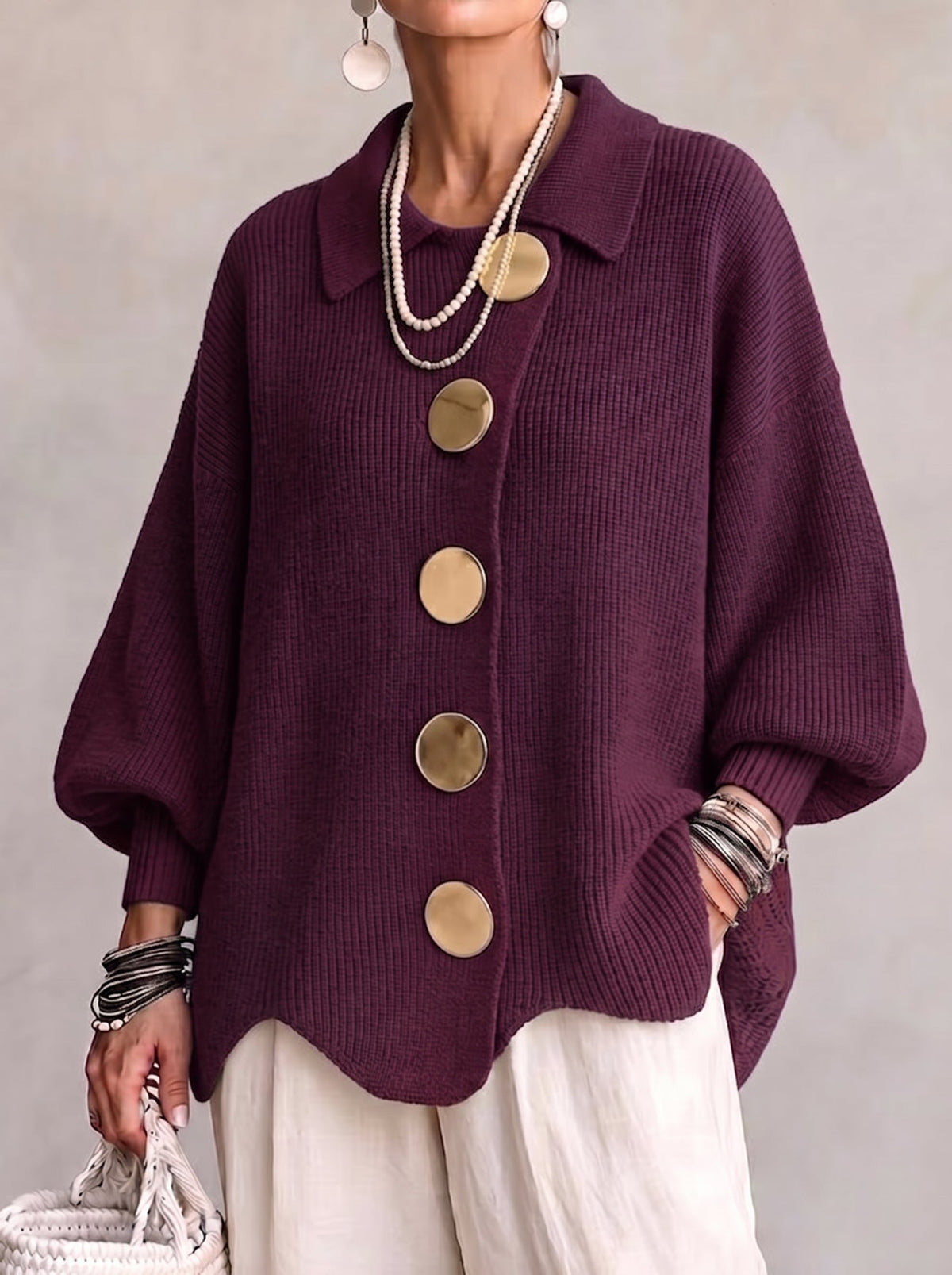 Odile | Cardigan Surdimensionné à Col avec Gros Boutons Métalliques