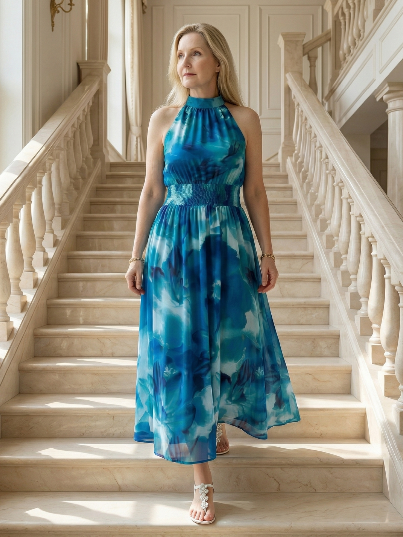 Sylvie | Robe Midi à Encolure Halter Rassemblée