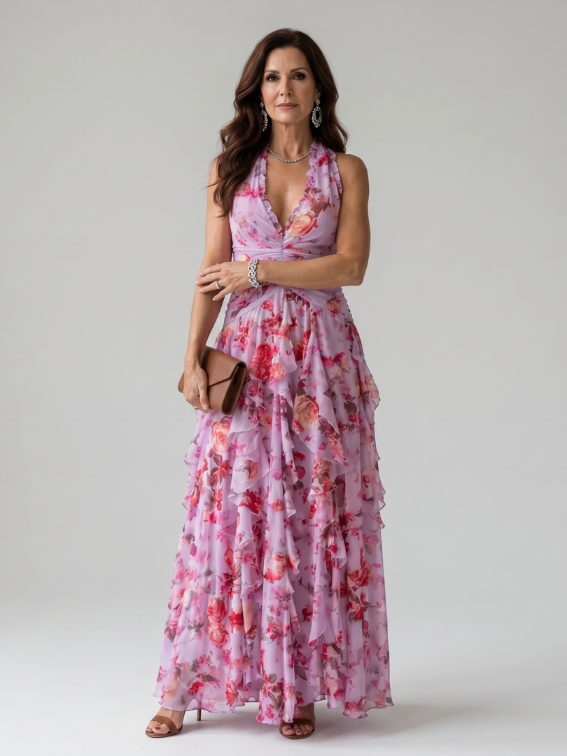 Claudine | Robe Maxi à Encolure Halter et Corps Froncé Floral