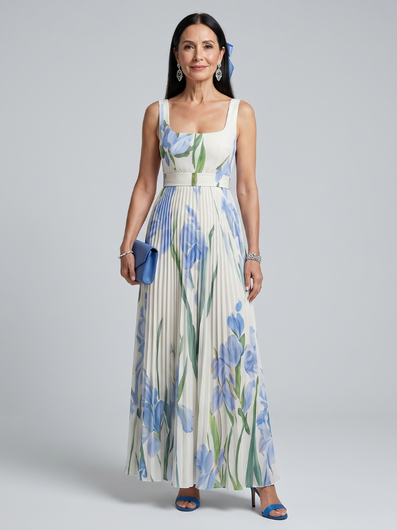 Brigitte | Robe midi sans manches à encolure carrée et imprimé floral