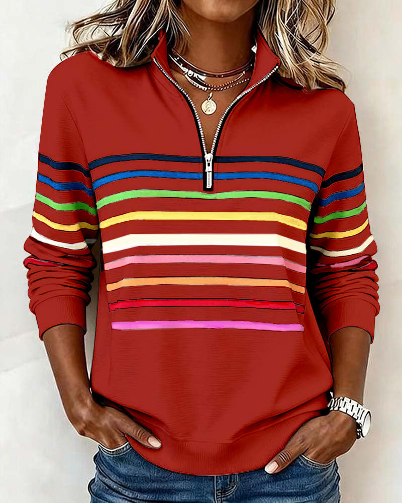 Sweat À Col Zippé À Moitié Avec Rayures Arc-En-Ciel Tendance