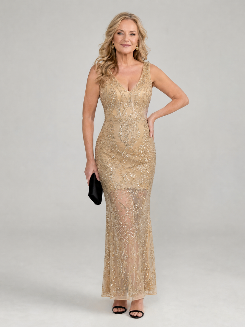 Sophie | Robe midi sans manches avec panneaux transparents en sequins