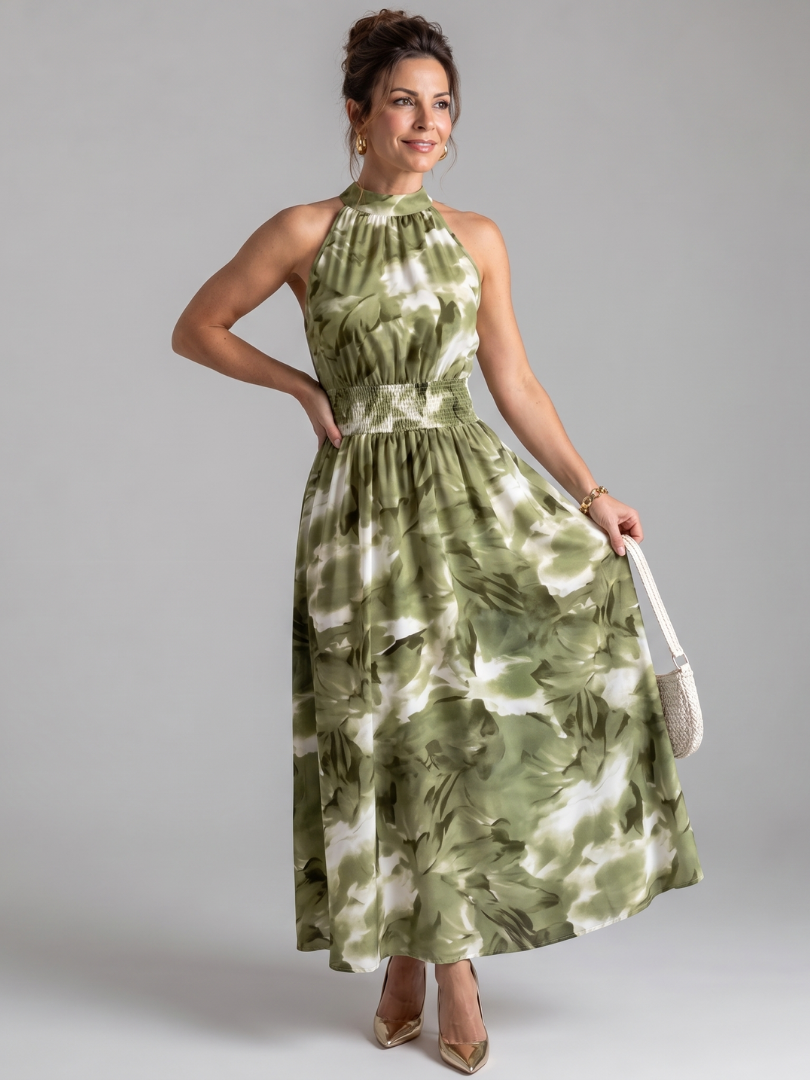 Colette | Robe Midi à Taille Froncée Imprimé Abstrait