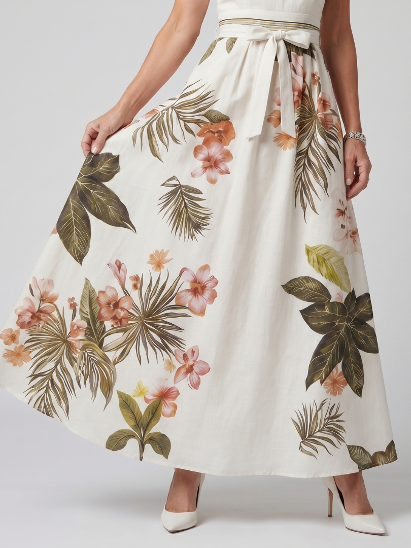 Monique | Robe Maxi en Panel Botanique à Encolure Halter Drapée