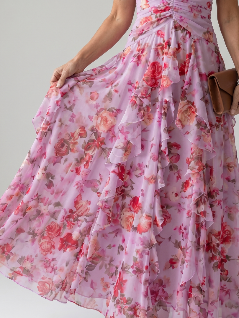 Claudine | Robe Maxi à Encolure Halter et Corps Froncé Floral