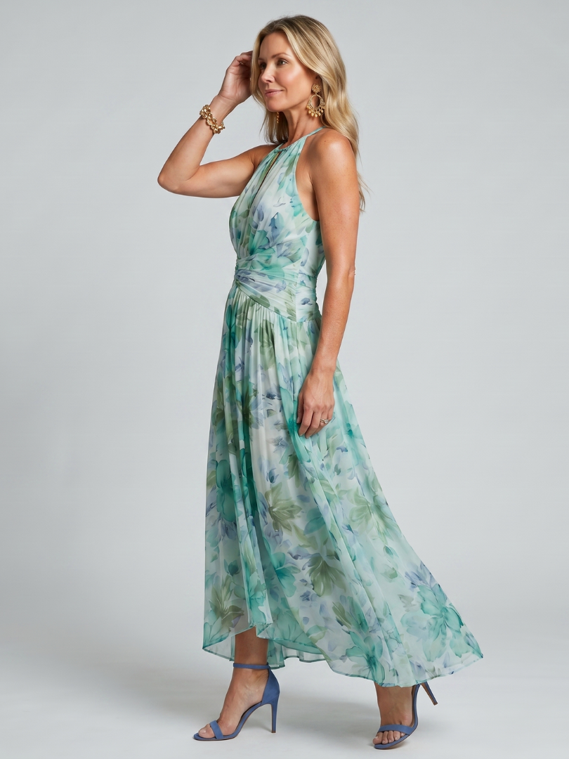 Yvette | Robe Midi à Bretelles Plissées avec Motif Floral Doux