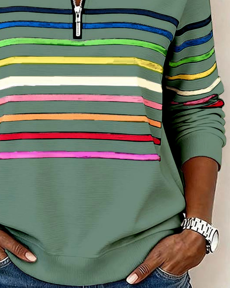 Sweat À Col Zippé À Moitié Avec Rayures Arc-En-Ciel Tendance