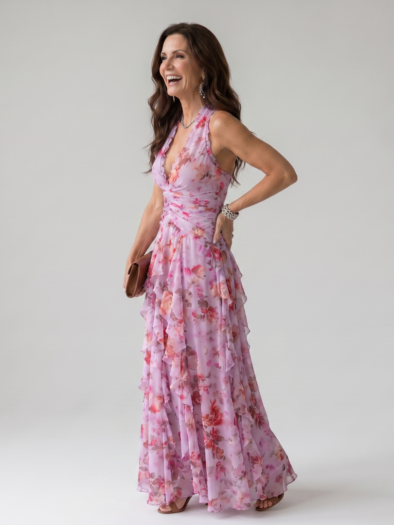 Claudine | Robe Maxi à Encolure Halter et Corps Froncé Floral