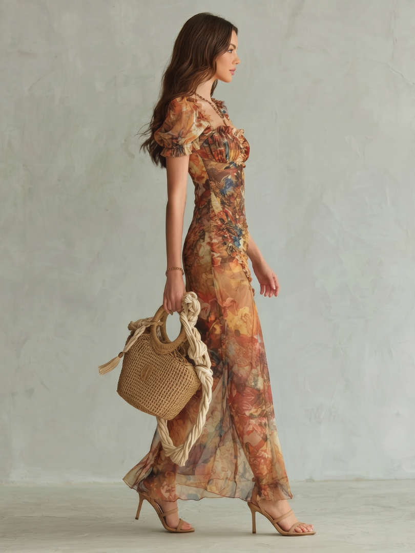 Mireille | Robe Midi Fendue à Manches Volantes