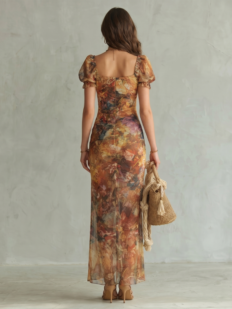 Mireille | Robe Midi Fendue à Manches Volantes