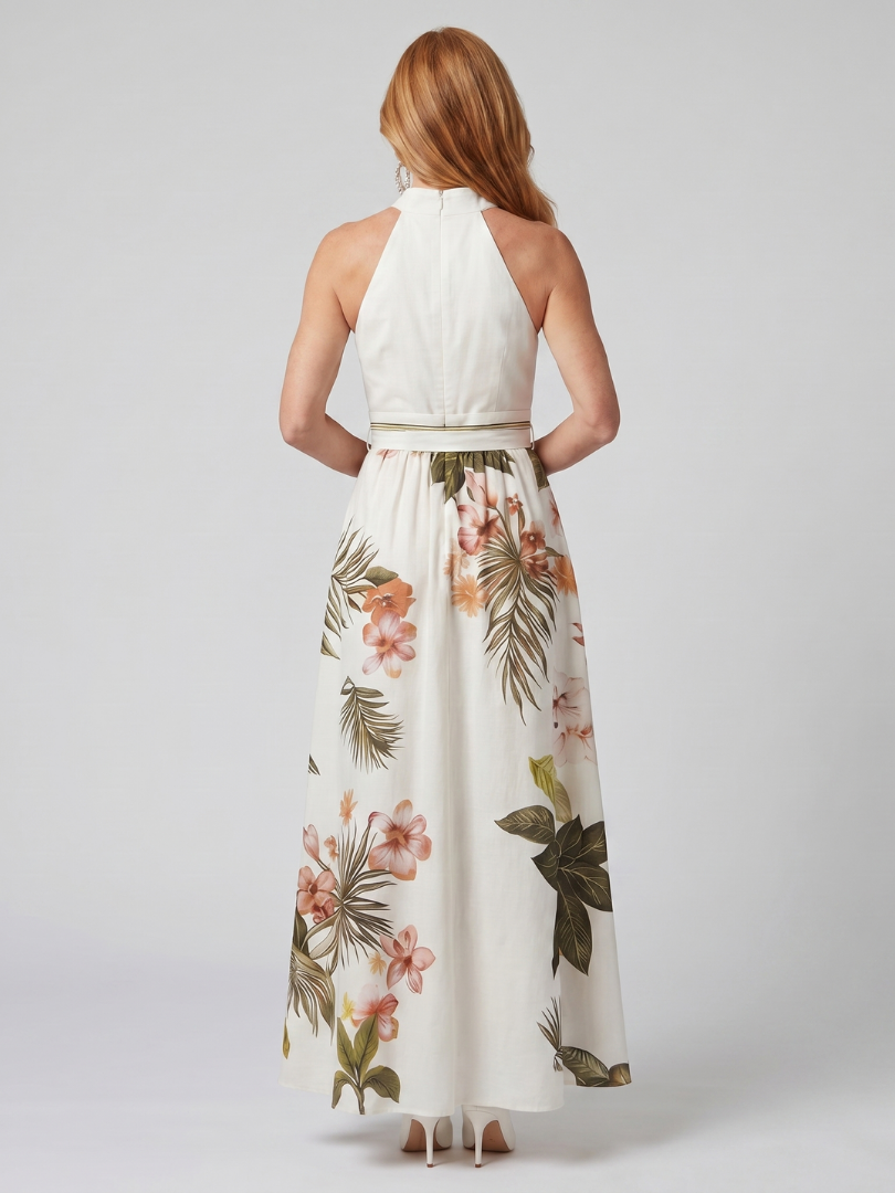 Monique | Robe Maxi en Panel Botanique à Encolure Halter Drapée