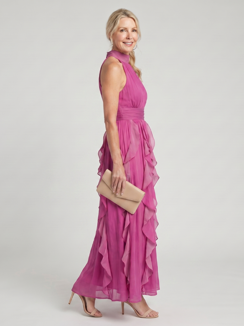 Anne | Robe Maxi à Encolure Haute avec Volants Superposés