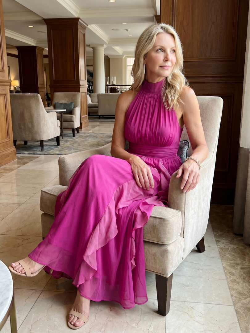 Anne | Robe Maxi à Encolure Haute avec Volants Superposés