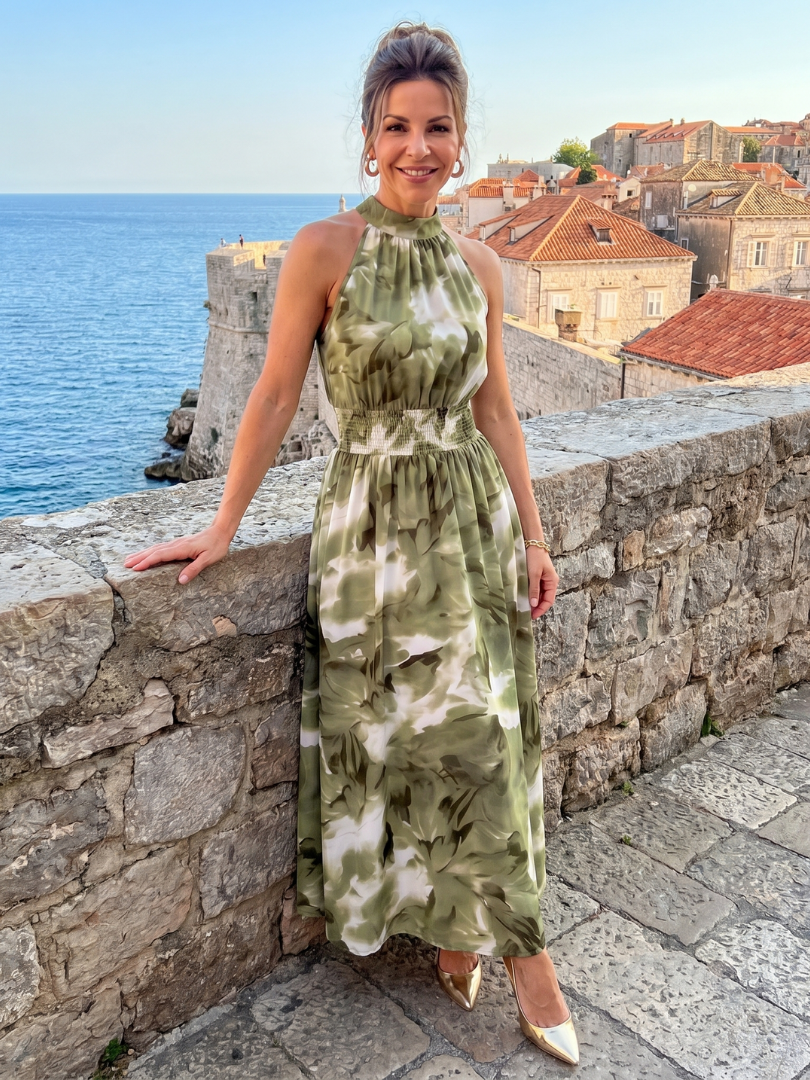 Colette | Robe Midi à Taille Froncée Imprimé Abstrait