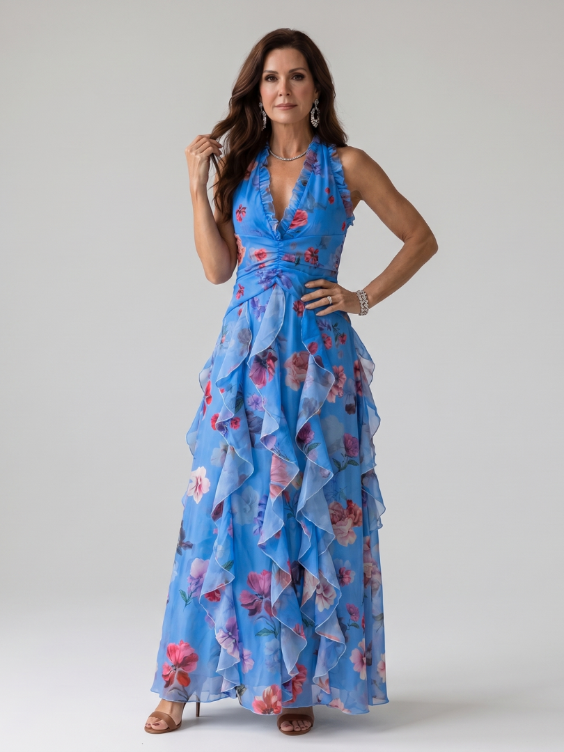 Claudine | Robe Maxi à Encolure Halter et Corps Froncé Floral