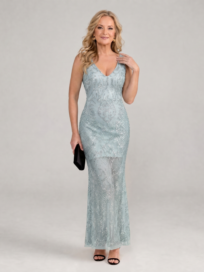 Sophie | Robe midi sans manches avec panneaux transparents en sequins