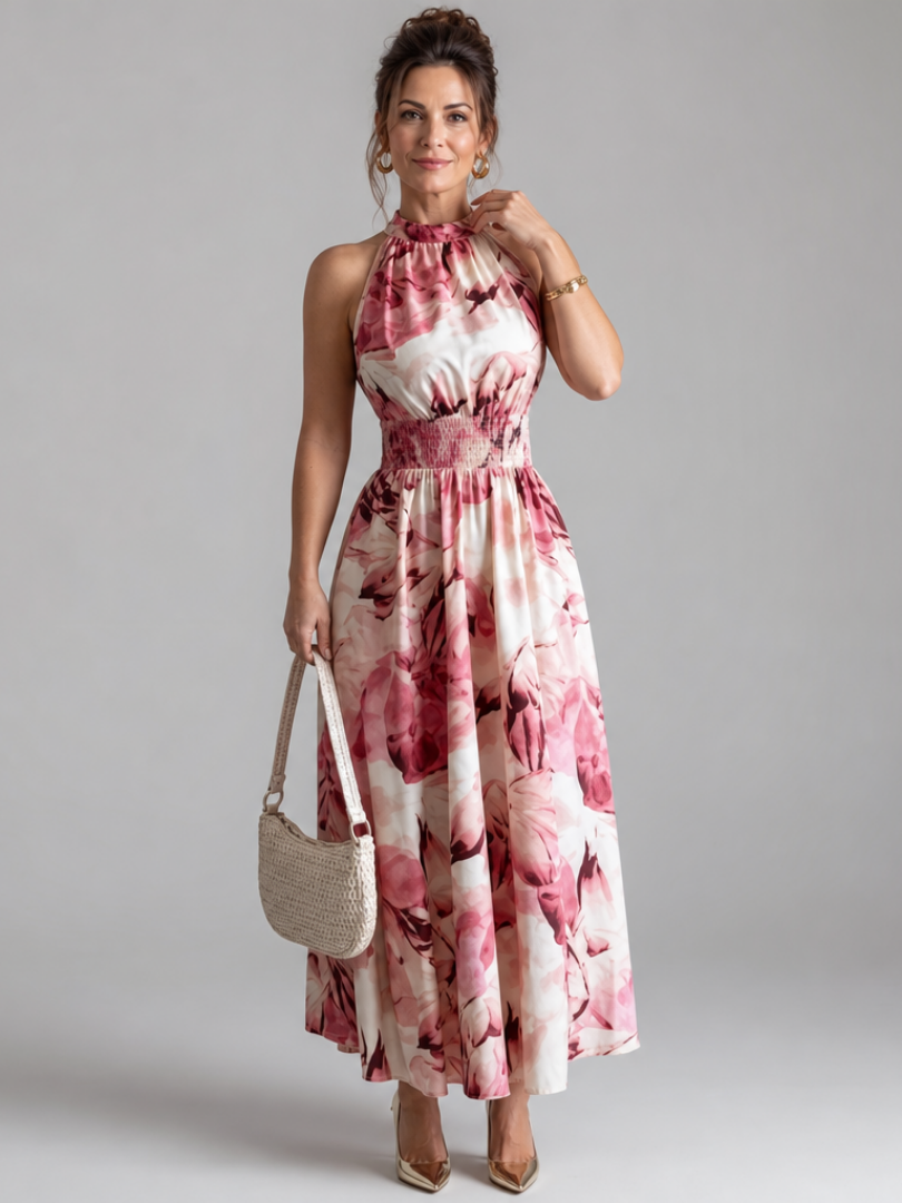 Colette | Robe Midi à Taille Froncée Imprimé Abstrait