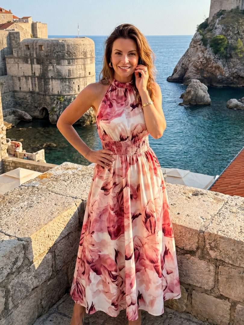 Colette | Robe Midi à Taille Froncée Imprimé Abstrait