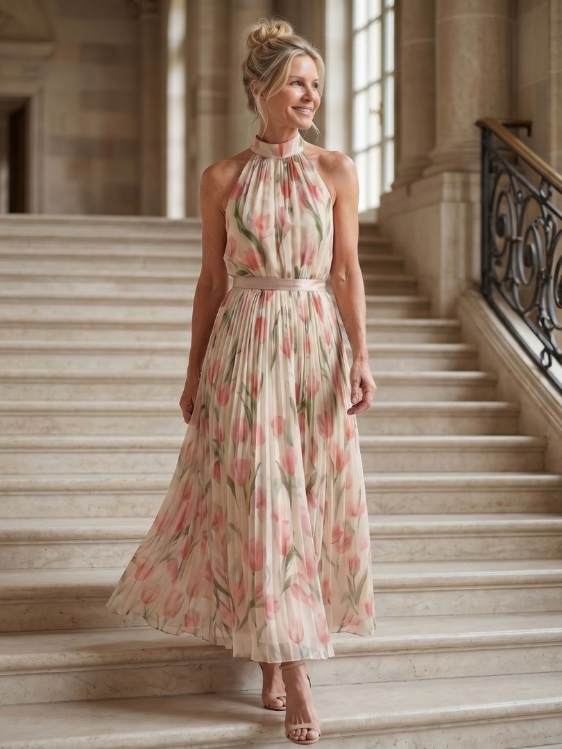 Nicole | Robe Midi Fleurie à Col Halter
