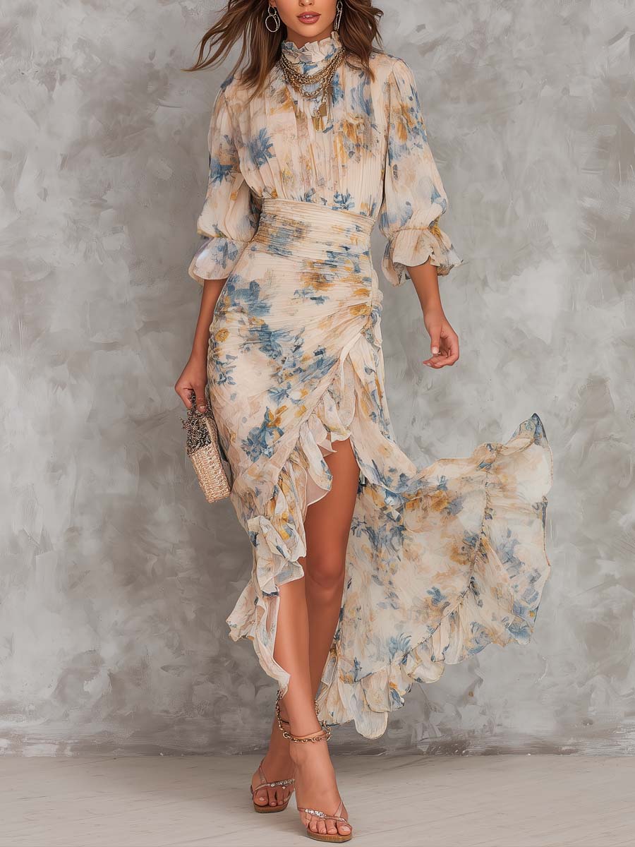 Adèle 1 | Robe Longue Florale à Ourlet Asymétrique