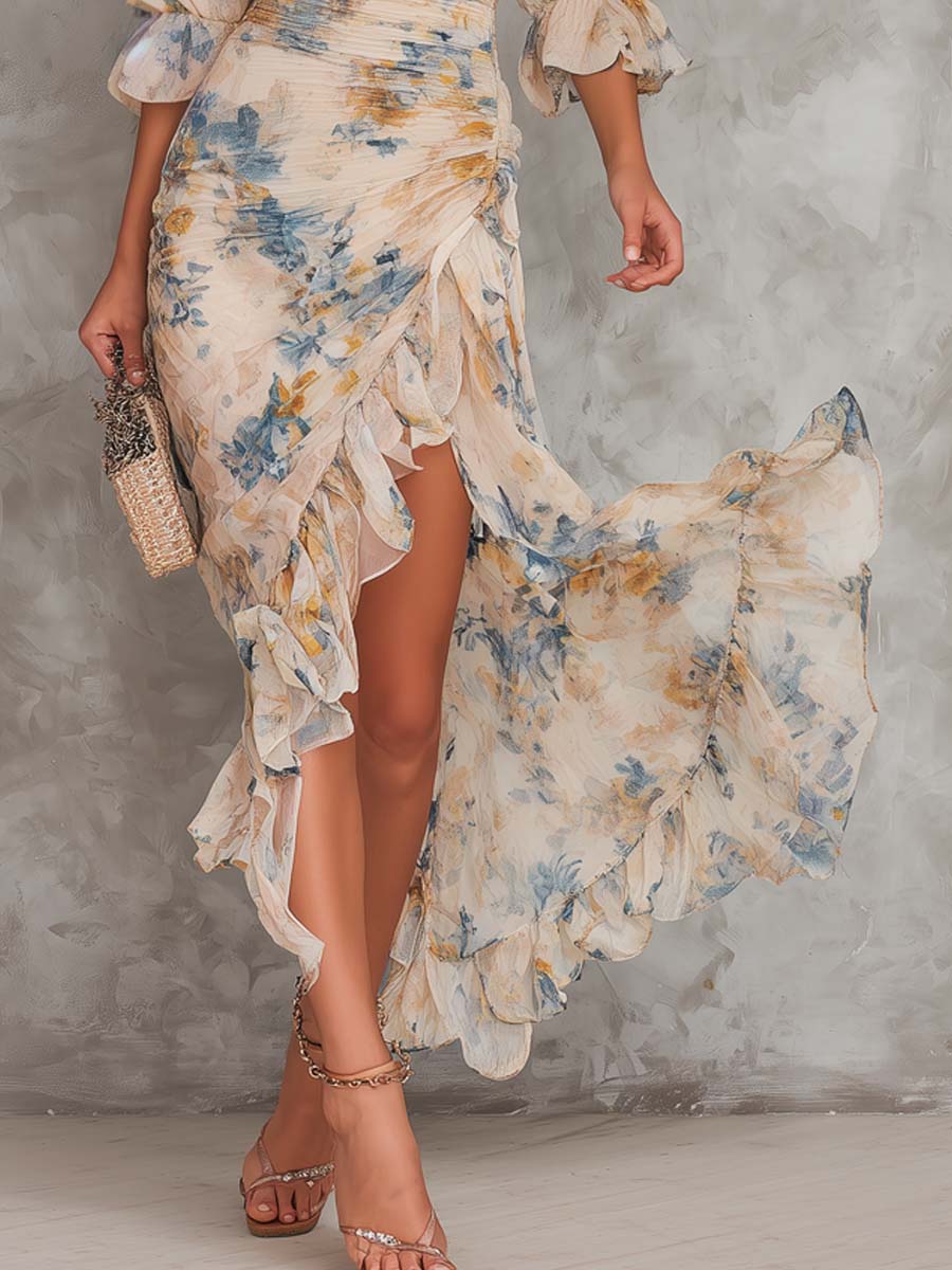 Adèle 1 | Robe Longue Florale à Ourlet Asymétrique