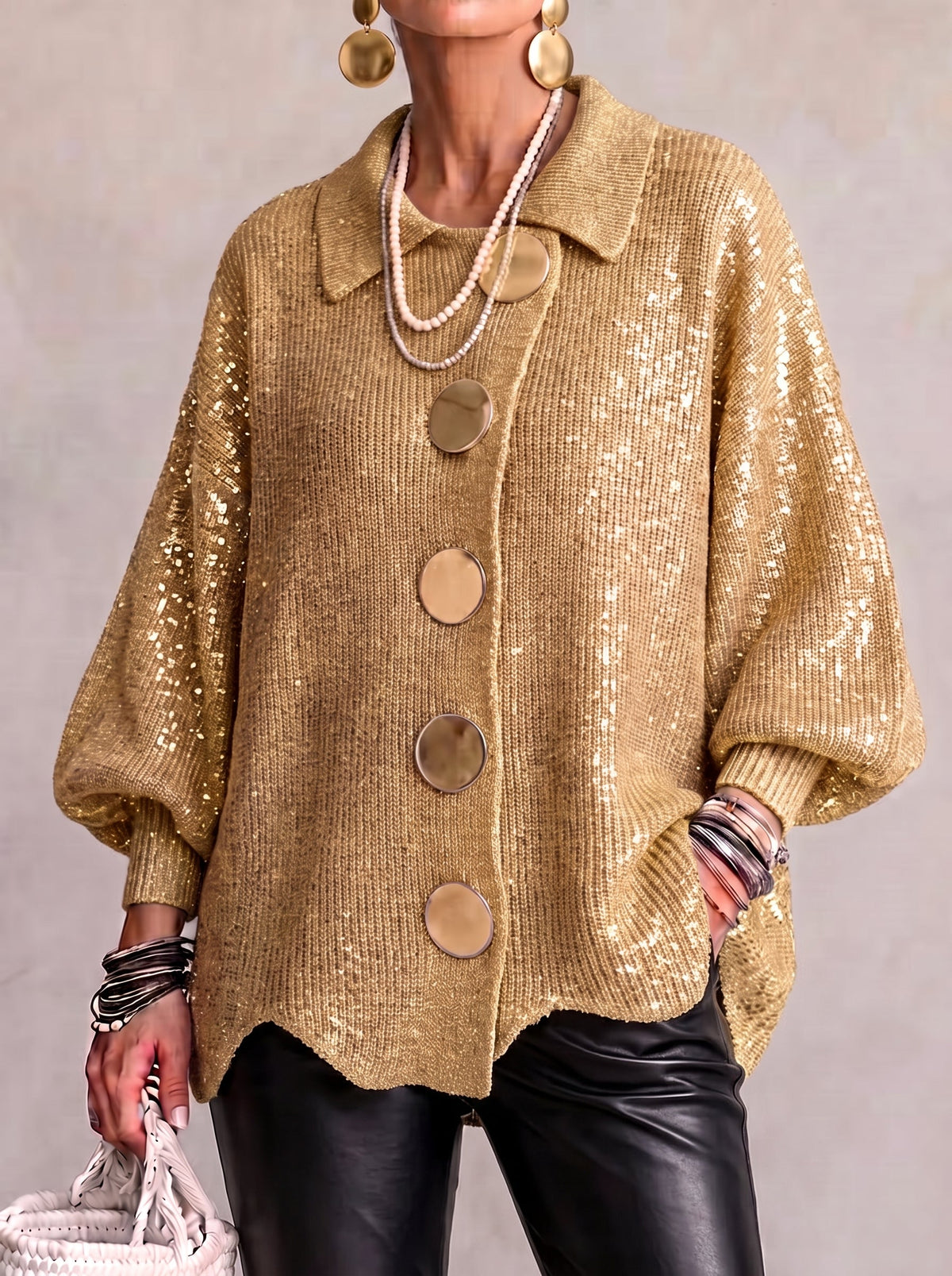 Odile | Cardigan Surdimensionné à Col avec Gros Boutons Métalliques